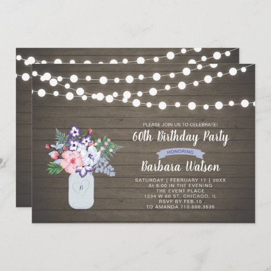 Invitation Rustic Wood & Mason Jar 60e anniversaire Invitatio (Devant / Derrière)