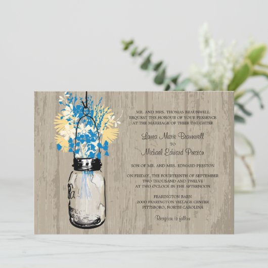 Invitation Rustic Wood Mason Jar et Mariage Fleur sauvage (Debout devant)