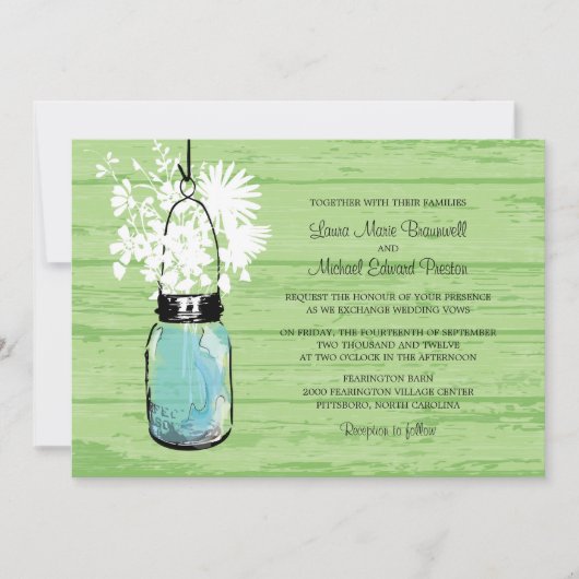 Invitation Rustic Wood Mason Jar et Mariage Fleur sauvage (Devant)