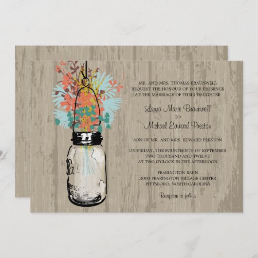 Invitation Rustic Wood Mason Jar et Mariage Fleur sauvage (Devant / Derrière)