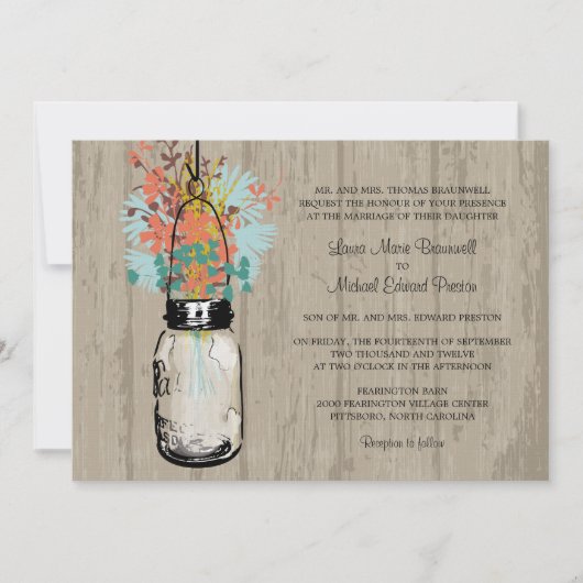 Invitation Rustic Wood Mason Jar et Mariage Fleur sauvage (Devant)