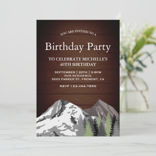 Invitation Rustic Wood Mountain Forest fête d'anniversaire (Debout devant)