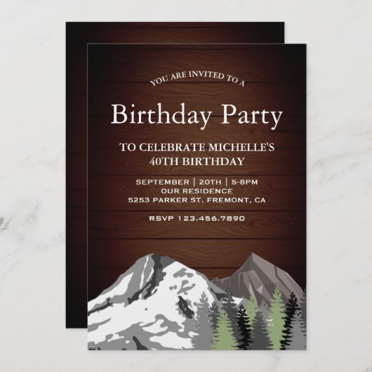 Invitation Rustic Wood Mountain Forest fête d'anniversaire (Devant / Derrière)
