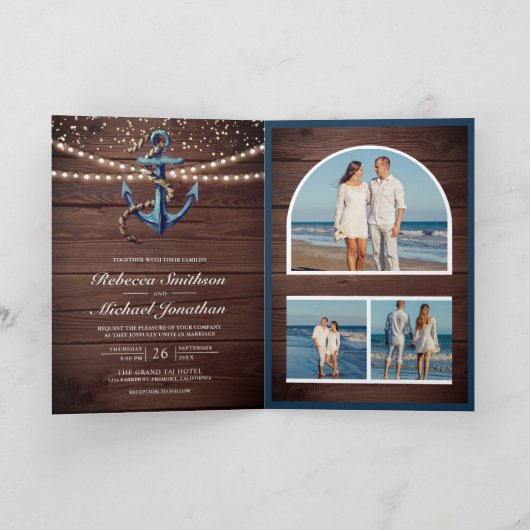 Invitation Rustic Wood Navy Blue Anchor QR Code Wedding (Intérieur)