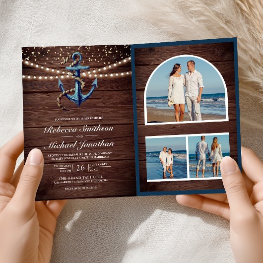 Invitation Rustic Wood Navy Blue Anchor QR Code Wedding