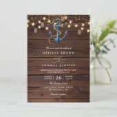 Invitation Rustic Wood Navy Blue Anchor QR Code Wedding (Debout devant)