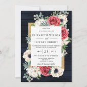 Invitation Rustic Wood Navy Burgundy Gold Floral Mariage (Devant)