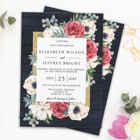 Invitation Rustic Wood Navy Burgundy Gold Floral Mariage