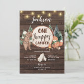 Invitation Rustic Wood One Happy Camper Camping Anniversaire (Debout devant)