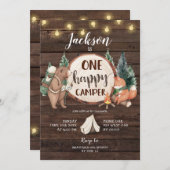 Invitation Rustic Wood One Happy Camper Camping Anniversaire (Devant / Derrière)