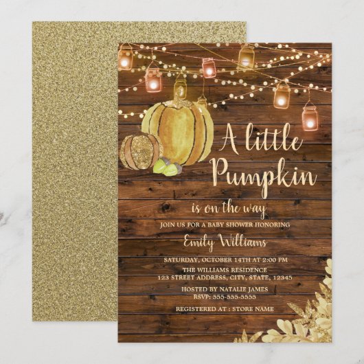 Invitation Rustic Wood Petit Citrouille Baby shower d'automne (Devant / Derrière)
