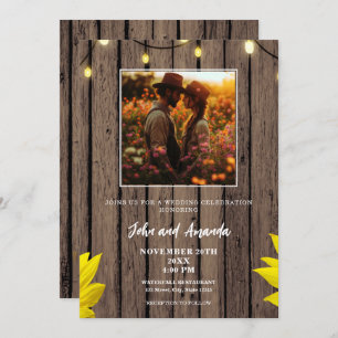 Invitation Rustic Wood Photo Mariage de l'Ouest