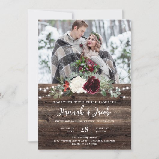 Invitation Rustic Wood QR Code Photo Mariage de Noël (Devant)
