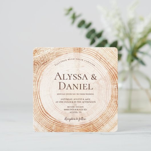 Invitation Rustic Wood QR code site mariage (Debout devant)
