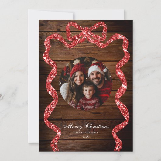 Invitation Rustic Wood Red Ribbon Photo Joyeux Noël (Devant)