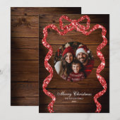 Invitation Rustic Wood Red Ribbon Photo Joyeux Noël (Devant / Derrière)