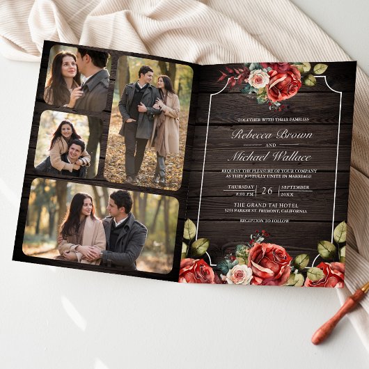 Invitation Rustic Wood Red Roses Floral Frame QR Code Wedding