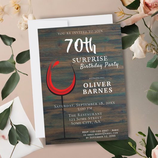 Invitation Rustic Wood Red Wine 70e anniversaire Surprise Par
