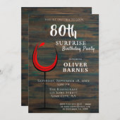 Invitation Rustic Wood Red Wine 80e anniversaire Surprise Par (Devant / Derrière)