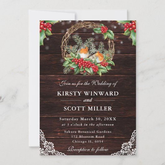 Invitation Rustic Wood Robin et Holly Christmas Mariage (Devant)