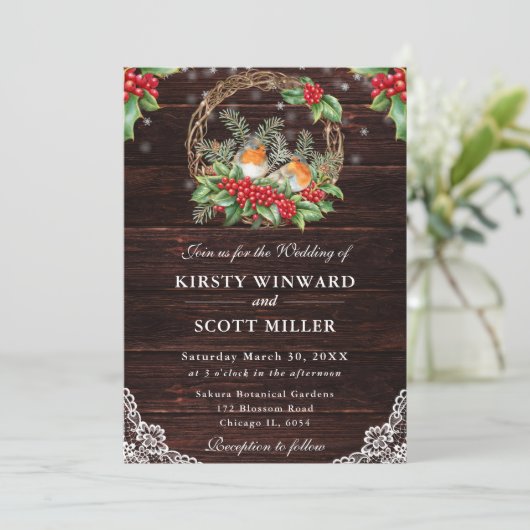 Invitation Rustic Wood Robin et Holly Christmas Mariage (Debout devant)