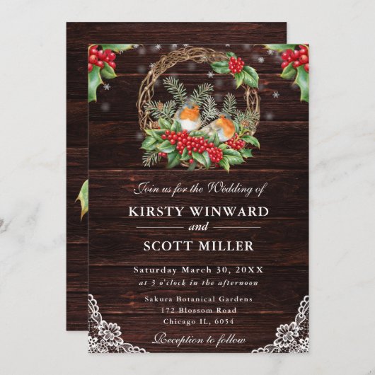 Invitation Rustic Wood Robin et Holly Christmas Mariage (Devant / Derrière)