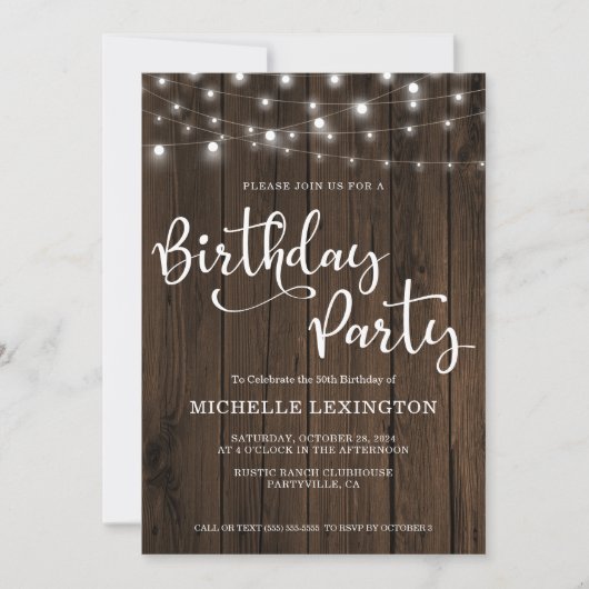 Invitation Rustic Wood String éclaire 50e fête d'anniversaire (Devant)
