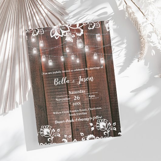 Invitation Rustic Wood String Light Barn Lace Country Wedding