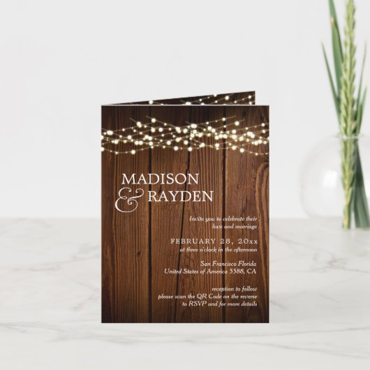 Invitation Rustic Wood String lights 3 Photos QR Code Wedding (Devant)