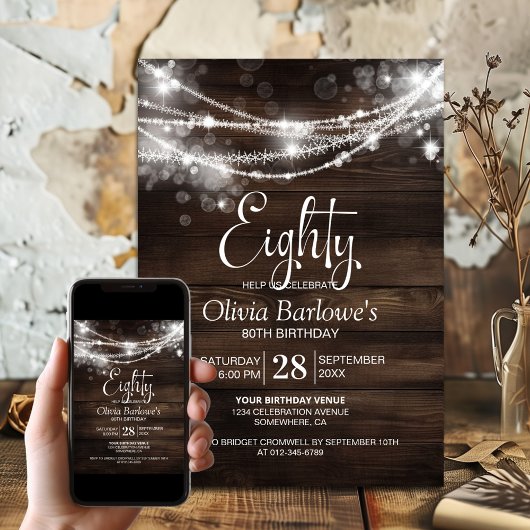 Invitation Rustic Wood String Lights 80e fête d'anniversaire