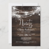 Invitation Rustic Wood String Lights 90e fête d'anniversaire (Devant)