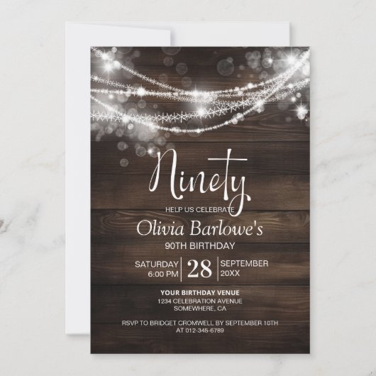 Invitation Rustic Wood String Lights 90e fête d'anniversaire (Devant)