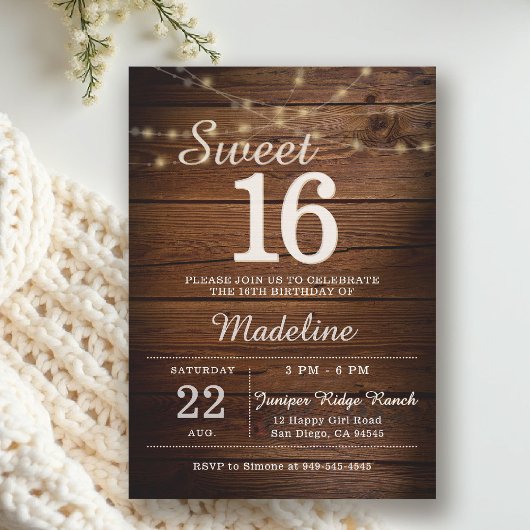 Invitation Rustic Wood String Lights Barn Backyard Sweet 16