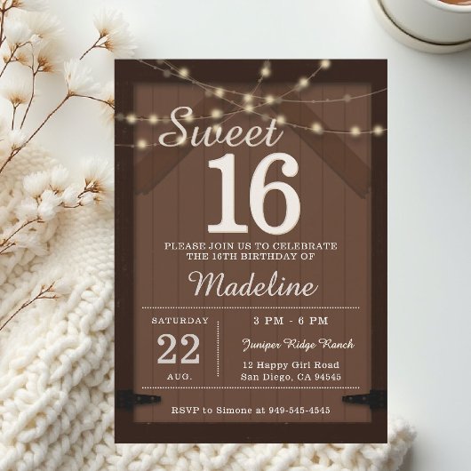 Invitation Rustic Wood String Lights Barn Door Chic Sweet 16