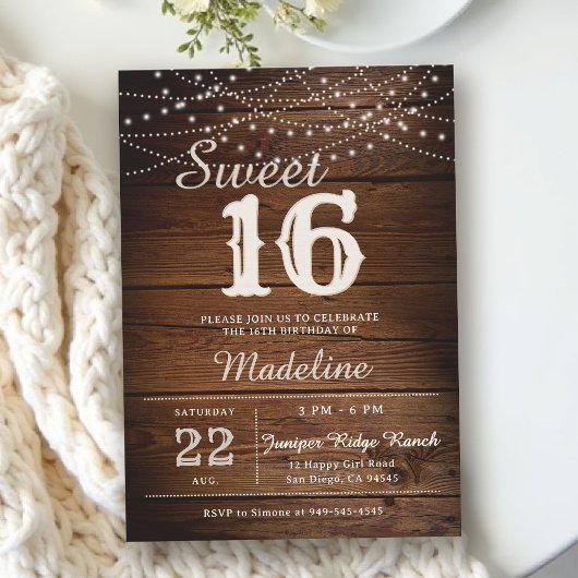 Invitation Rustic Wood String Lights Barn Elegant Sweet 16