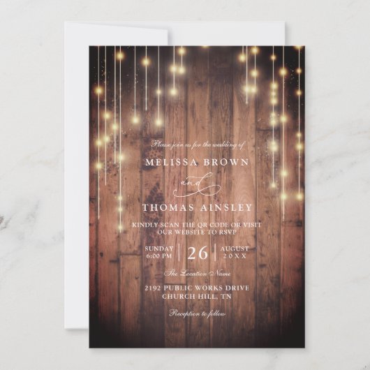 Invitation Rustic Wood String Lights Elegant QR Code Wedding (Devant)