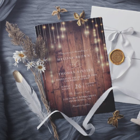 Invitation Rustic Wood String Lights Elegant QR Code Wedding