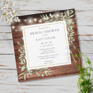 Invitation Rustic Wood String Lights Greenery Bridal Shower