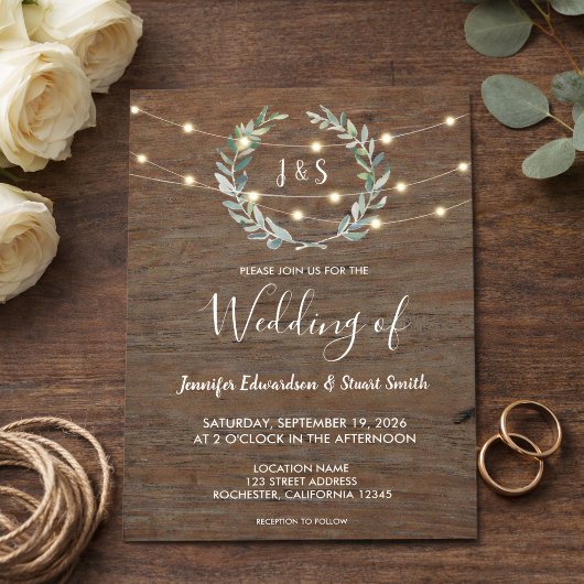 Invitation Rustic wood string lights monogram country Wedding