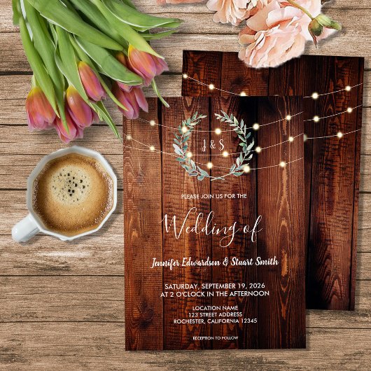 Invitation Rustic wood string lights monogram country Wedding