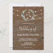 Invitation Rustic wood string lights monogram photo Wedding (Devant)