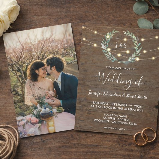 Invitation Rustic wood string lights monogram photo Wedding