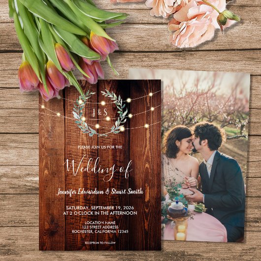 Invitation Rustic wood string lights monogram photo Wedding