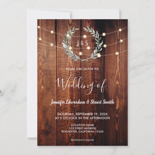 Invitation Rustic wood string lights monogram photo Wedding (Devant)