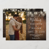 Invitation Rustic Wood String Lights Photo QR code Wedding (Devant / Derrière)