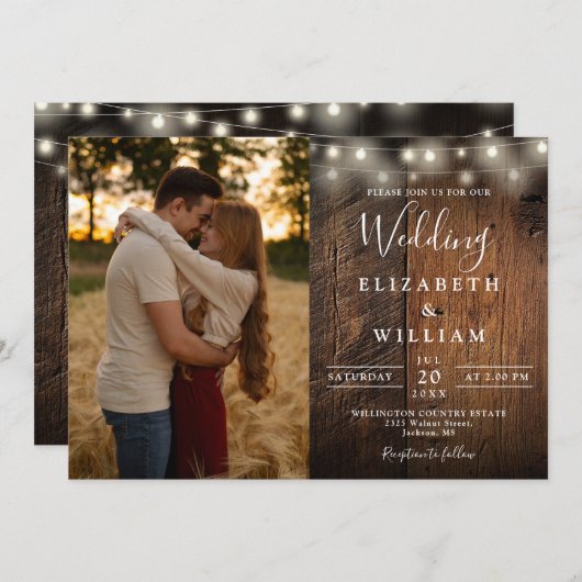 Invitation Rustic Wood String Lights Photo QR code Wedding (Devant / Derrière)