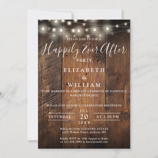 Invitation Rustic Wood String Lights Photo Wedding Reception (Devant)