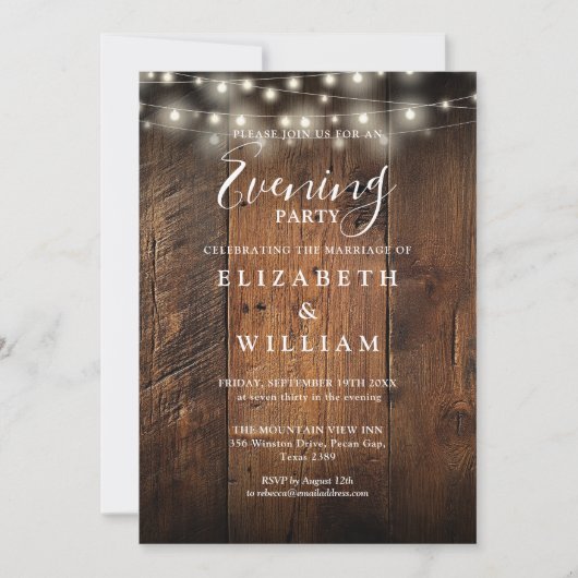 Invitation Rustic Wood String Lights Wedding Evening Party (Devant)