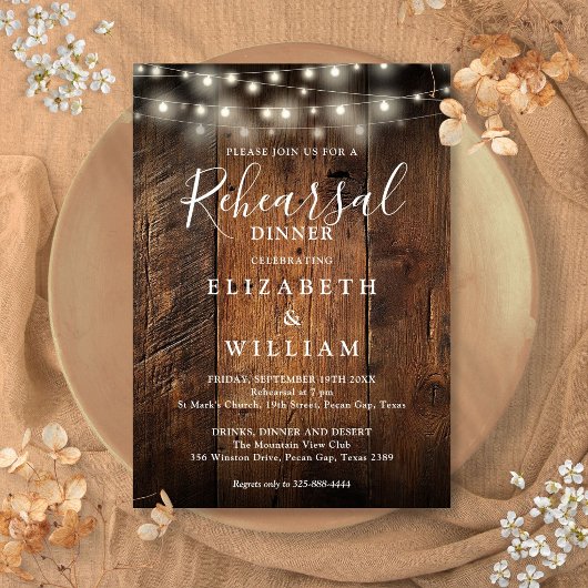 Invitation Rustic Wood String Lights Wedding Rehearsal Dinner