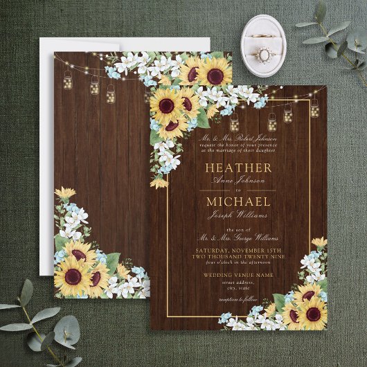 Invitation Rustic Wood Sunflower Dusty Blue Floral Wedding In
